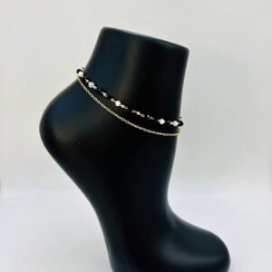 Double Layered Gold Tone Anklet with Black and White Beads